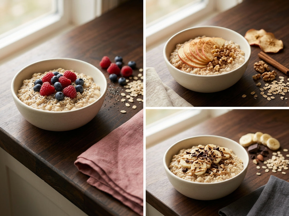 Bowls of oats with different toppings